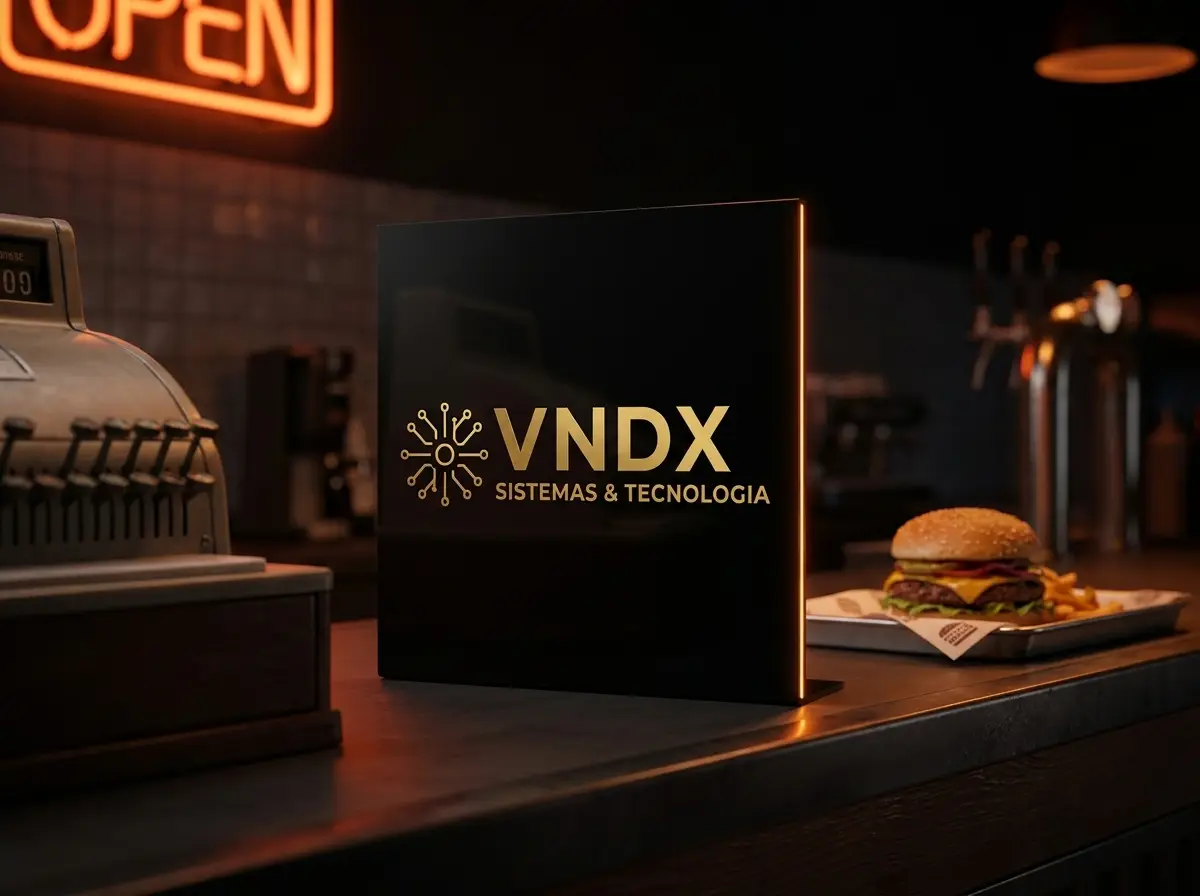 Balcão de hamburgueria com placa preta VNDX com borda iluminada