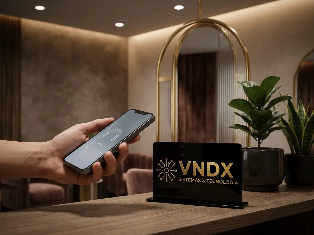 Recepção de salão com placa VNDX e cliente aproximando o celular